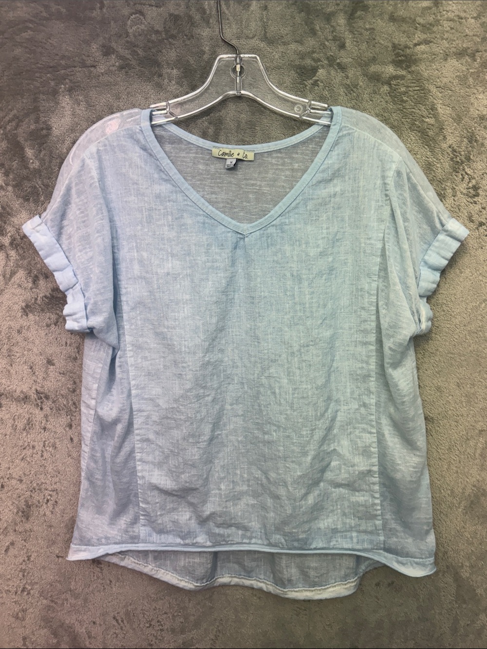Camille & W light Blue Med V-Neck Linen Top sleeveless Italy
